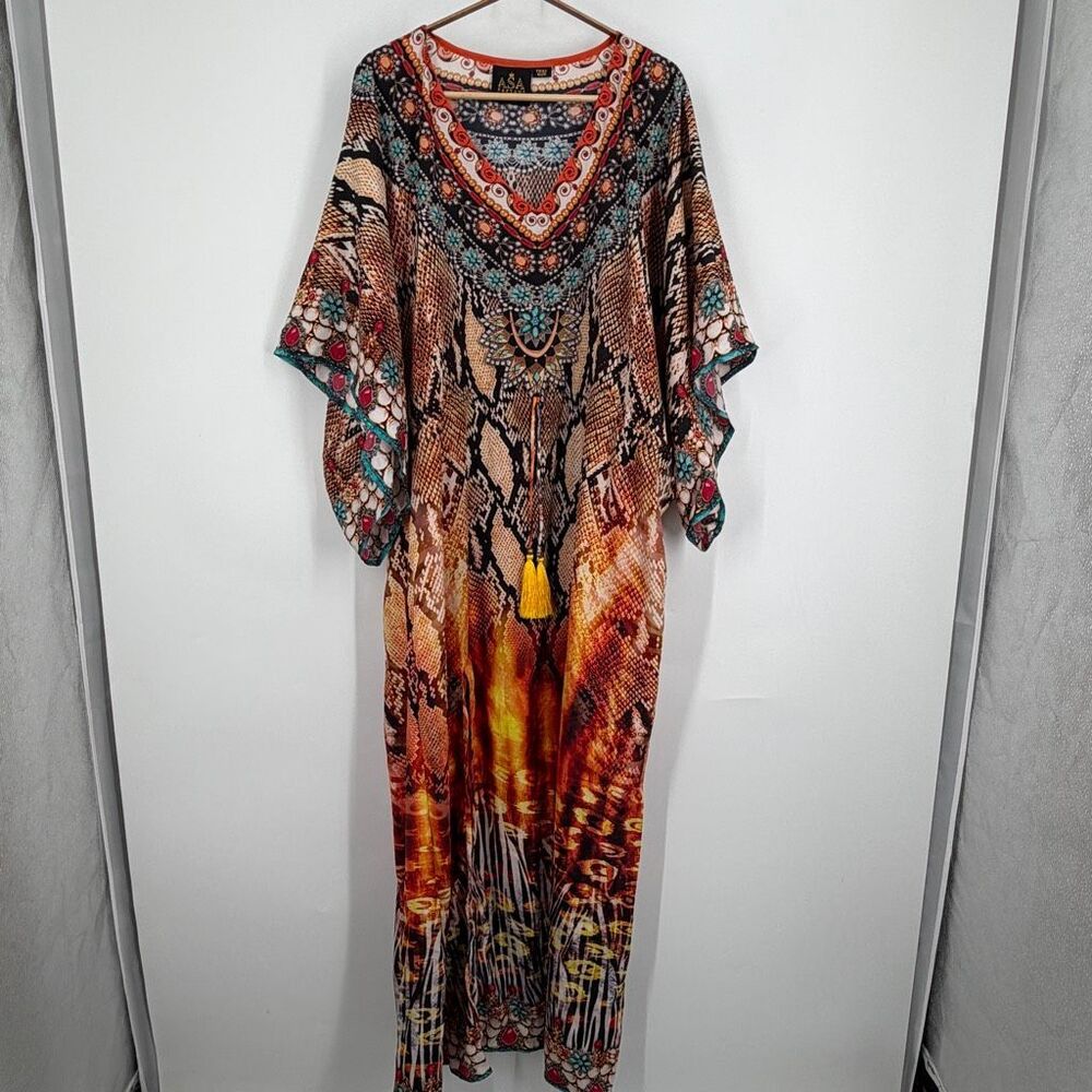 ASA Kaftans Multicolor Snakeskin Mix Print Drawstring Tassel Waist Maxi Dress OS